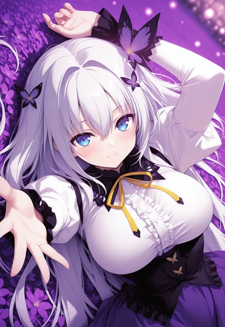 high contrast, masterpiece, best quality, amazing quality, very aesthetic, high resolution, ultra-detailed, absurdres, solo, 1girl, Tenebria, 1girl, upd25, Ran,Blue eyes,Long hair,white hair, Very long hair,hair between eyes,bangs,hair intakes,large breasts,two side up,butterfly hair ornament, uniform ran,Skirt,purple skirt,hair ornament,long sleeves,frills,white shirt,shirt,ribbon,white shirt,puffy sleeves, center frills,yellow ribbon, Smooth Quality, lying down, looking at viewer, from above, arms up, calm, smile, dutch angle, reaching towards viewer, (blurred background, field of view:1.3), dark,