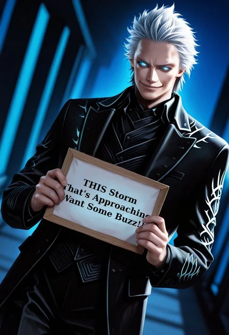 masterpiece, very aesthetic, absurdres,<lora:Ayami Kojima_illustriousXL:1.2>,masterpiece, best quality, DMC5Vergil, 1boy, white hair, blue eyes, short hair, cowboy shot, glowing eyes,wide cool, power,black suit, evil smile, collared shirt, looking at viewer, dutch angle, blurry, blurry background, light smile, closed mouth,late night,blue hour,need_buzz, holding sign