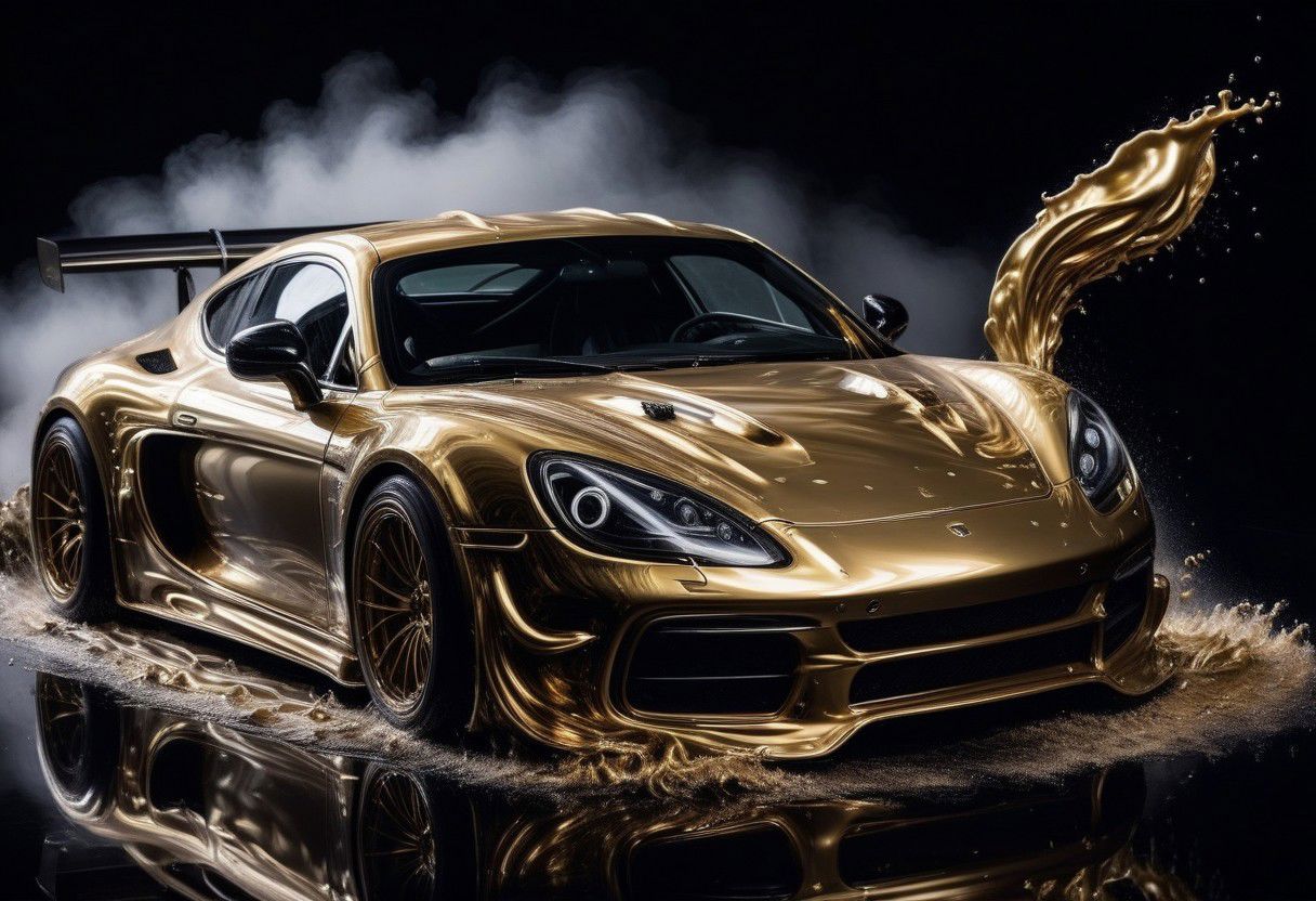 GOLD LIQUID METAL sports car, race car, racing through SILVER LIQUID METAL, liquid metal sprays up from the cars tyres, Car drifting in a black void