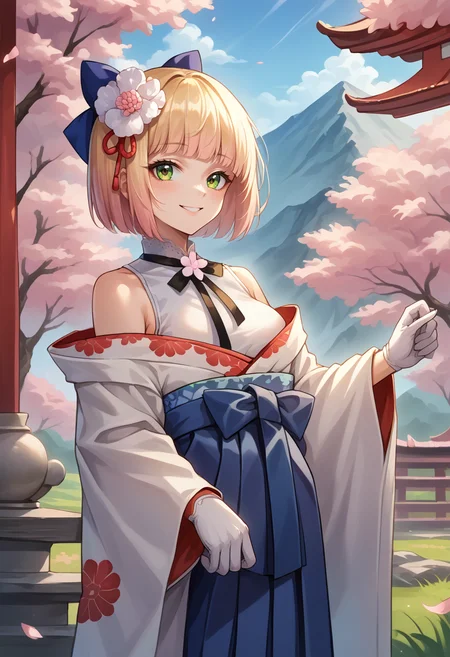 score_9, score_8_up, score_7_up, source_anime, 1girl, solo, NeneNewYear, bob cut, hair bow, white shirt, sleeveless shirt, black ribbon, flower, white kimono, floral print, off shoulder, white gloves, blue hakama, hakama skirt, outdoors, cherry blossom tree, smile, mountain, <lora:ChamMomosuzuNenePonyXL:1>