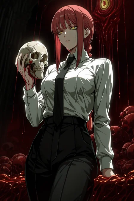 makima, red hair, long hair, yellow eyes, ringed eyes, braid, white collared shirt,black necktie, black pants, 1girl, solo, alone, holding skull, blood, <lora:dark_art_style_illustriousXL:1>, dark_art_style, masterpiece, highres