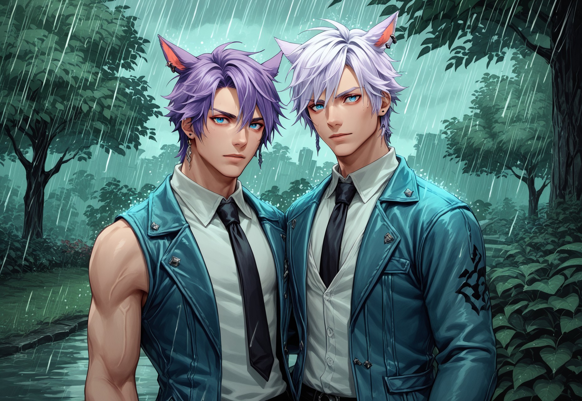 dt_xiv_style, looking at viewer, short hair, blue eyes, shirt, animal ears, jewelry, jacket, purple hair, white hair, male focus, earrings, outdoors, multiple boys, necktie, sleeveless, 2boys, tree, rain, miqo'te, score_9, score_8_up, score_7_up, score_6_up, score_5_up, score_4_up,