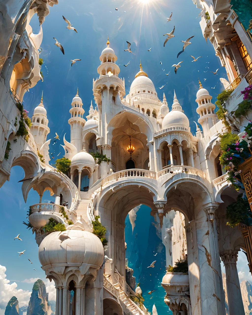 floating fantasy city, shapely white marble towers, reminiscent of the Taj Mahal, ocean, seabirds, mountains, viewed from below, <lora:add-detail-xl:0.8>, <lora:xl_more_art-full_v1:0.5>, <lora:XSfenlie:1> fenliexl