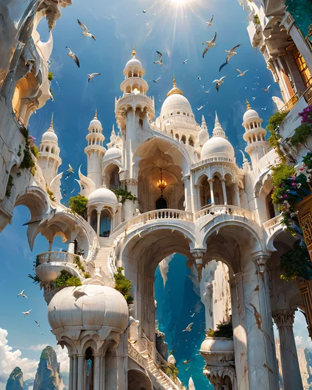 floating fantasy city, shapely white marble towers, reminiscent of the Taj Mahal, ocean, seabirds, mountains, viewed from below, <lora:add-detail-xl:0.8>, <lora:xl_more_art-full_v1:0.5>, <lora:XSfenlie:1> fenliexl