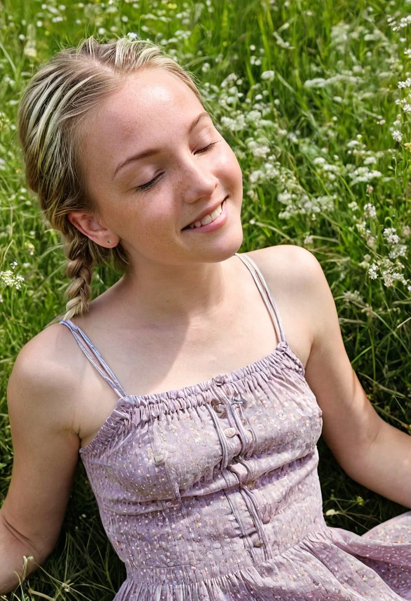 epiCRealism, profesional portrait in UHD of a ((blonde girl with intricate detailed braids)), ((ultra-dynamic angle)), reclined and basking in the radiant beauty of a blooming meadow , happy, smiling, half closed eyes, relaxed, wearing a sundress with very thin straps that slip down from her shoulders revealing the curve of her breasts, perspiration, blush, freckles, natural skin, puffies, a golden pendant matching small golden earrings, eyedetailpxl
