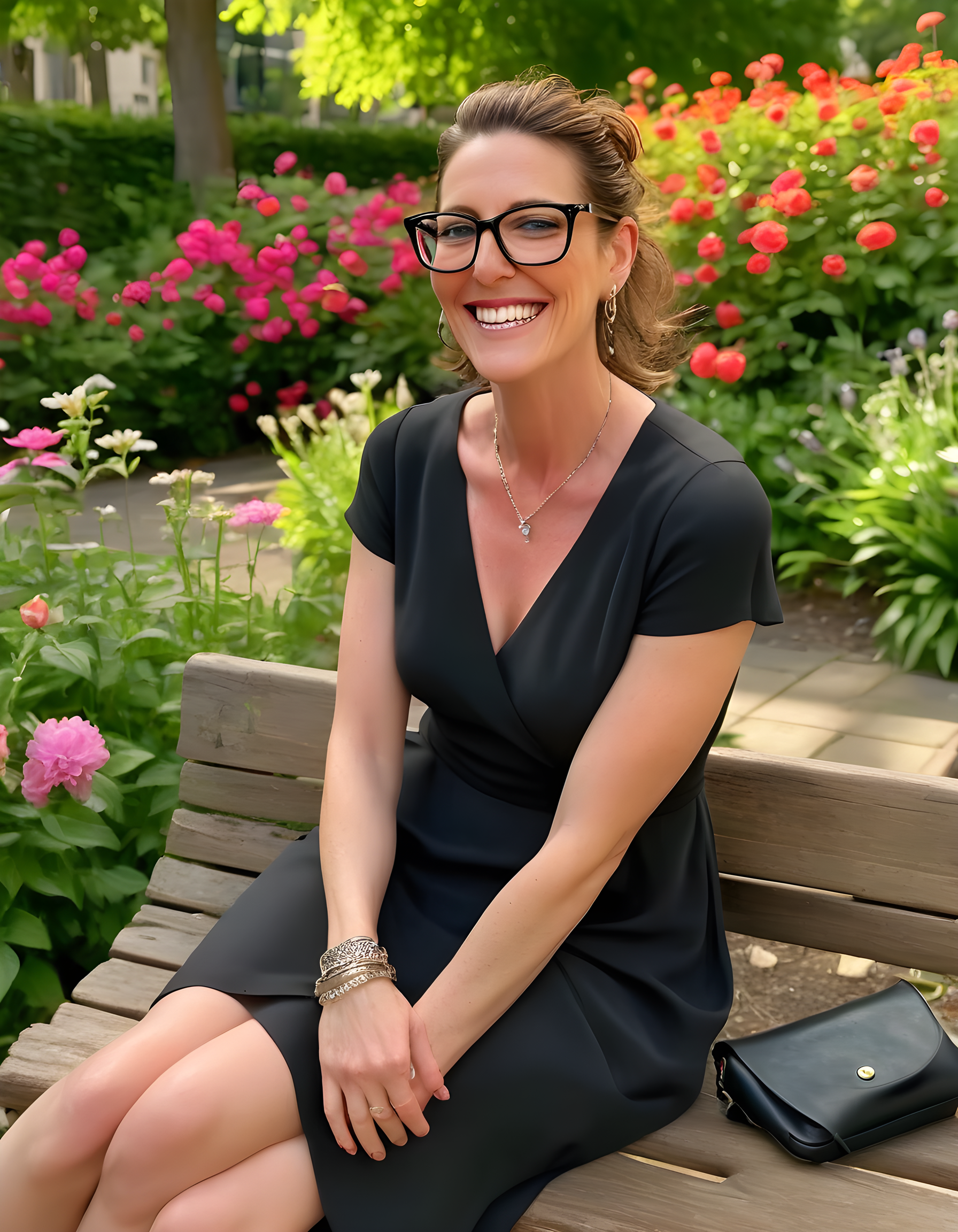 In a bustling urban park under the bright afternoon sun, Emm4S, a stylish woman in her mid-thirties with a warm smile revealing perfectly white teeth and wearing black-framed glasses that accentuate her intelligent eyes, sits on a weathered wooden bench. Her outfit is a chic, flowing black dress adorned with intricate silver jewelry that catches the sunlight and dances around her as she leans forward slightly, gazing directly at the viewer with an inviting and approachable demeanor, her hands loosely clasped in her lap against the backdrop of a vibrant floral garden blooming in full glory. The camera captures this intimate moment from a slightly elevated angle, emphasizing Emm4S's poise and charisma amidst the lush greenery and colorful blossoms.