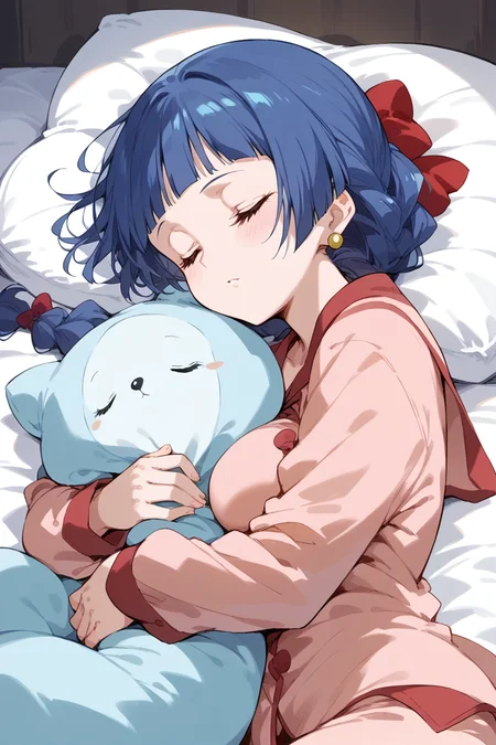 score_9, score_8_up, score_7_up, score_6_up,
<lora:Mamiina:1> mamiina, 1girl, earrings, braid, bow, breasts, blue hair, sleep, pajamas, hug pillow