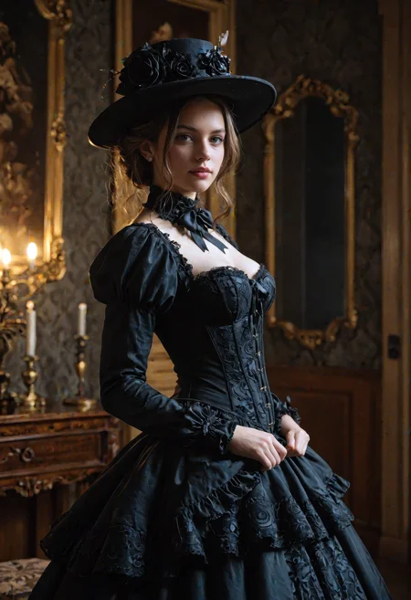 score_9, score_8_up, score_7_up, (masterpiece, best quality, ultra-detailed, realistic), a Victorian-era gothic pale woman standing elegantly, (wearing a wide-brimmed black hat:1.2), long flowing Victorian dress with intricate lace details and a (tight corset:1.1), pale skin, all-black clothing, dark and mysterious atmosphere, her expression calm yet haunting, standing in front of a dimly lit Victorian mansion, high contrast between her pale skin and dark attire, 8k resolution, cinematic lighting, medium shot, detailed face and fabric, side view, gothic elegance, eerie mood