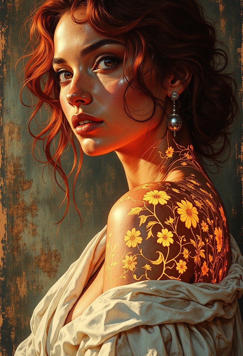 A captivating portrait of a radiant woman with deep, warm brown skin, her voluminous, fiery red curls framing her striking face. Her piercing golden-hazel eyes gleam with quiet confidence, her full lips curved into a subtle, knowing smile. A single silver earring dangles from her ear, catching the dim, moody light. Wrapped loosely around her shoulders, a soft, off-white fabric drapes effortlessly, revealing her collarbones and upper chest.
Across her neck, shoulder, and décolletage, an intricate, glowing tattoo of swirling filigree and floral patterns pulses with a molten, golden-orange light, as if alive beneath her skin. The luminescent markings cast a faint, flickering glow onto her rich complexion, emphasizing the delicate curves of her form. The soft illumination contrasts beautifully against the dimly lit, textured background—an aged, weathered wall in muted earth tones.
The lighting is moody and cinematic, with dramatic highlights accentuating her cheekbones and the shimmer of her tattoo. The atmosphere is a fusion of warmth and mystery, evoking a sense of quiet power and ethereal beauty.