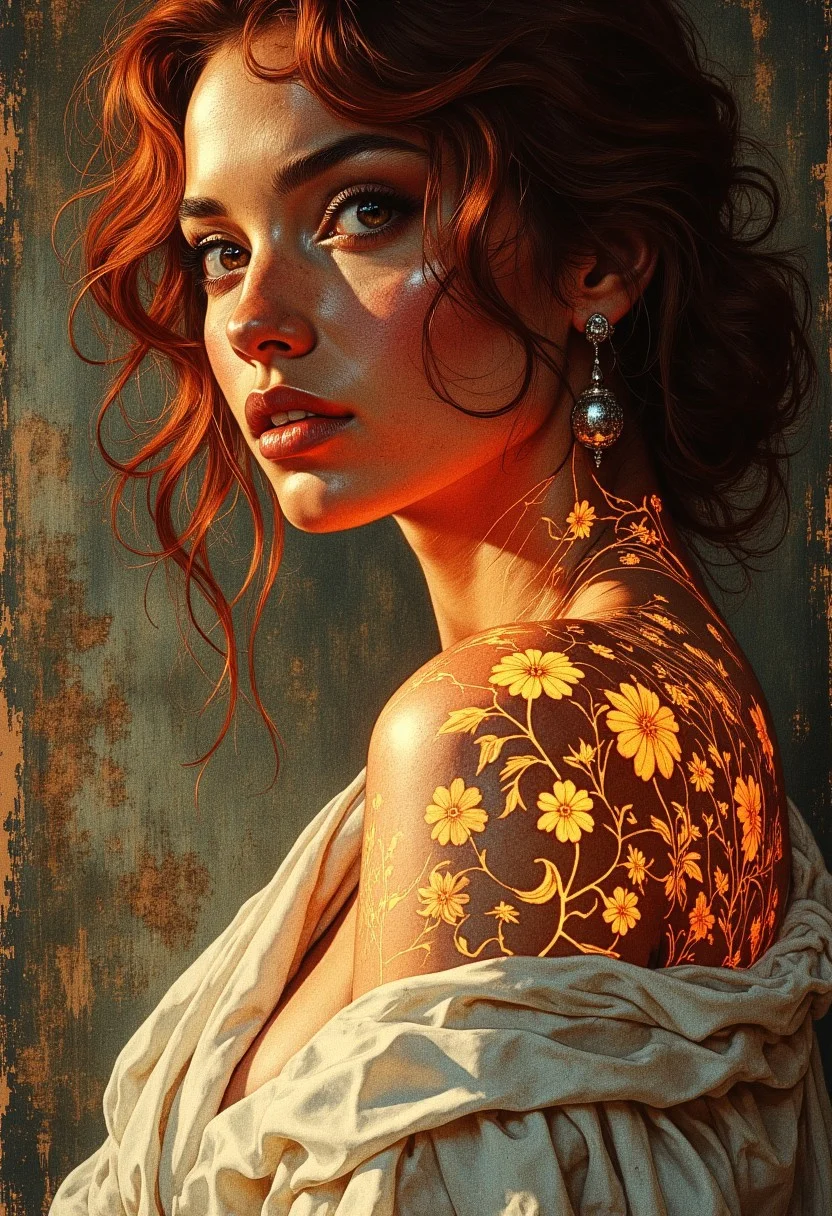 A captivating portrait of a radiant woman with deep, warm brown skin, her voluminous, fiery red curls framing her striking face. Her piercing golden-hazel eyes gleam with quiet confidence, her full lips curved into a subtle, knowing smile. A single silver earring dangles from her ear, catching the dim, moody light. Wrapped loosely around her shoulders, a soft, off-white fabric drapes effortlessly, revealing her collarbones and upper chest.
Across her neck, shoulder, and décolletage, an intricate, glowing tattoo of swirling filigree and floral patterns pulses with a molten, golden-orange light, as if alive beneath her skin. The luminescent markings cast a faint, flickering glow onto her rich complexion, emphasizing the delicate curves of her form. The soft illumination contrasts beautifully against the dimly lit, textured background—an aged, weathered wall in muted earth tones.
The lighting is moody and cinematic, with dramatic highlights accentuating her cheekbones and the shimmer of her tattoo. The atmosphere is a fusion of warmth and mystery, evoking a sense of quiet power and ethereal beauty.