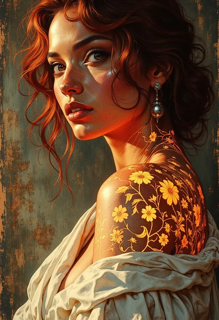 A captivating portrait of a radiant woman with deep, warm brown skin, her voluminous, fiery red curls framing her striking face. Her piercing golden-hazel eyes gleam with quiet confidence, her full lips curved into a subtle, knowing smile. A single silver earring dangles from her ear, catching the dim, moody light. Wrapped loosely around her shoulders, a soft, off-white fabric drapes effortlessly, revealing her collarbones and upper chest.
Across her neck, shoulder, and décolletage, an intricate, glowing tattoo of swirling filigree and floral patterns pulses with a molten, golden-orange light, as if alive beneath her skin. The luminescent markings cast a faint, flickering glow onto her rich complexion, emphasizing the delicate curves of her form. The soft illumination contrasts beautifully against the dimly lit, textured background—an aged, weathered wall in muted earth tones.
The lighting is moody and cinematic, with dramatic highlights accentuating her cheekbones and the shimmer of her tattoo. The atmosphere is a fusion of warmth and mystery, evoking a sense of quiet power and ethereal beauty.
