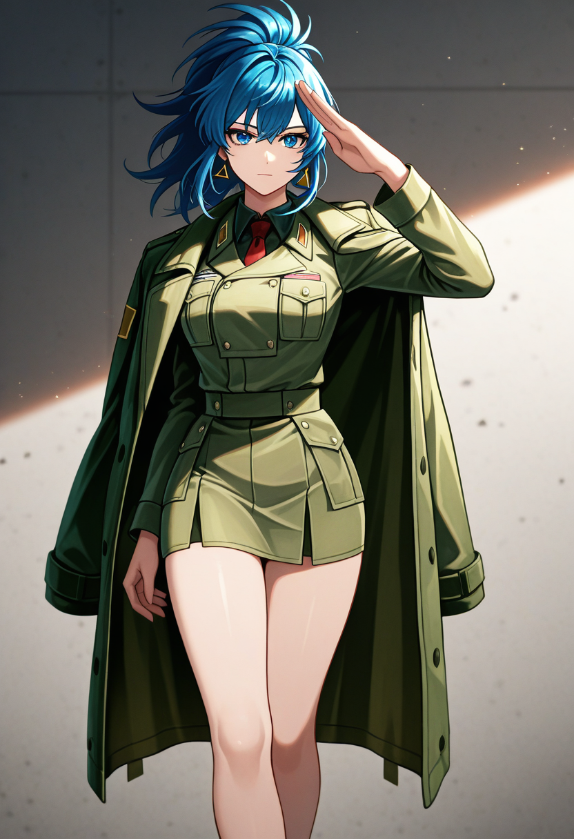masterpiece, best quality, newest, absurdres, highres, ,   <lora:LeonaHeidernKOFIllustrious-000012:0.9>, NHDRNCLSSC, blue hair, long hair, ponytail, triangle earrings, blue eyes,  military uniform, salute, green jacket, green coat, coat over jacket, flowing coat, bare hands, bare legs, green pencil skirt, looking at viewer, red necktie, overcoat, coat on shoulders, flowing coat,