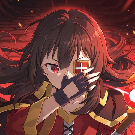 konofan, 1girl, detailed eyes, realistic eyes, flowing hair, glowing eyes, eye patch, facing viewer, one hand covering face, holding staff, detailed hands, detailed background, realistic background, dynamic pose, dark, high contrast, red theme, cinematic lighting, (masterpiece, amazing quality, ultra-detailed, very aesthetic, high resolution, 8k), sharp focus, intricate details, Megumin-Liver020