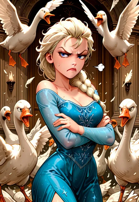 embedding:IllusP0s, f3rn4nd0, goose ambush, 6+ geese, Elsa, annoyed, blue dress, arms crossed, 1girl, solo