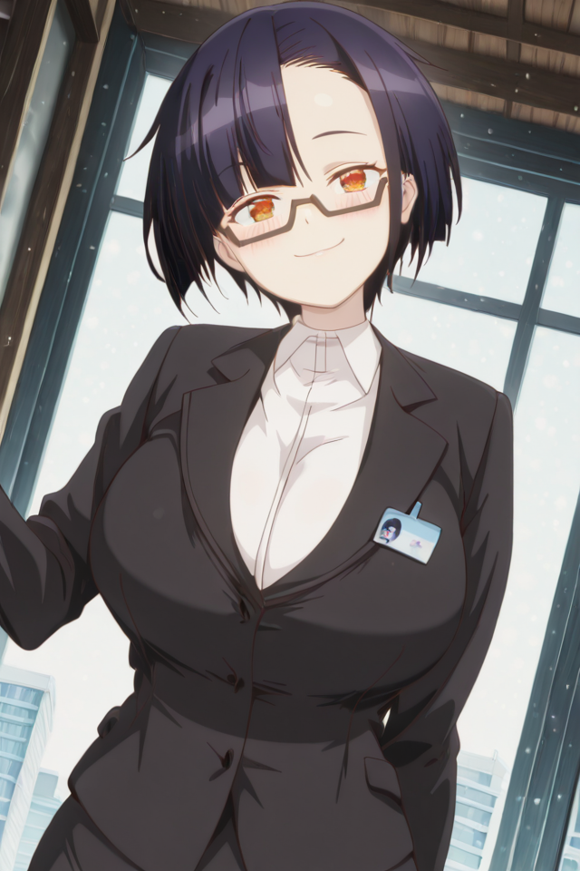 PonyScores, Expressiveh, (score_9, score_8_up, score_8, ASCII score_9), Rating 9, Rating 8, Rating 7, (Nias Carlin), source_anime, rating_safe, masterpiece, best quality, good quality, newest, outdoors background, glitter, smile, (1girl), (solo), anime coloring, cowboy shot, ((standing)), ((looking at the viewer)), close-up, (big breasts), large breasts, (upper body), (natural beauty), seductive smile, detailed backgrounds, extremely detailed CG, extremely detailed face, detailed Lora, focused subject, (ultra detail eyes), (beautiful sexy female), seductive smile, (iper detailde eyes), (ultra detail eyes), (beautiful eyes), detailed backgrounds, (detailed eyes), (perfect eyes), (Detailed pupils, intricate pupil details, defined pupils, Intricate iris details, defined iris), (large expressive eyes), (big expressive eyes), blush, ExpressiveH, <lora:Im_the_Evil_Lord_of_an_Intergalactic_Empire_-_Nias_Carlin:1>, orange eyes, purple hair, short hair, asymmetrical bangs, semi-rimless eyewear BREAK black jacket, white shirt, black pencil skirt, outdoors, indoors, light particles, cowboy shot, smile, looking at viewer, dutch angle, <lora:NiasCarlinillusApexAi:1>, nude, naked, cosplay,