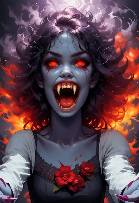 score_9,score_8_up,score_7_up, 1girl, blue skin, red fiery hair, purple aura, purple claws, (glowing eyes), alluring, innocent, seductive smile, tear, (reaching towards viewer:1.4), outstretched arm, reaching, rustic background, purple and red flowers, purple smoke, kneeling, in a river, magic forest, horror(\theme), dark aura, fangs, sharp teeth, fang, Perfect Fangs,