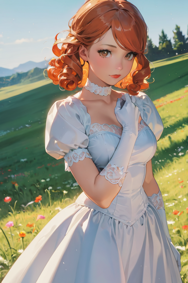 masterpiece, best quality, highres, newest, 1girl, solo, medium hair, curly hair, wavy hair, orange hair, swept bangs, brown eyes, lips, lipstick, looking at viewer, medium breasts, choker, medium dress, white dress, lace trim, puffy sleeves, puffy short sleeves, short sleeves, gloves, elbow gloves, white gloves, hand up, cowboy shot, closed mouth, standing, outdoors, field, flower, grass, plant, sky <lora:Summer Days [LoRA] - NoobAI-XL EPS 1.0:0.8>