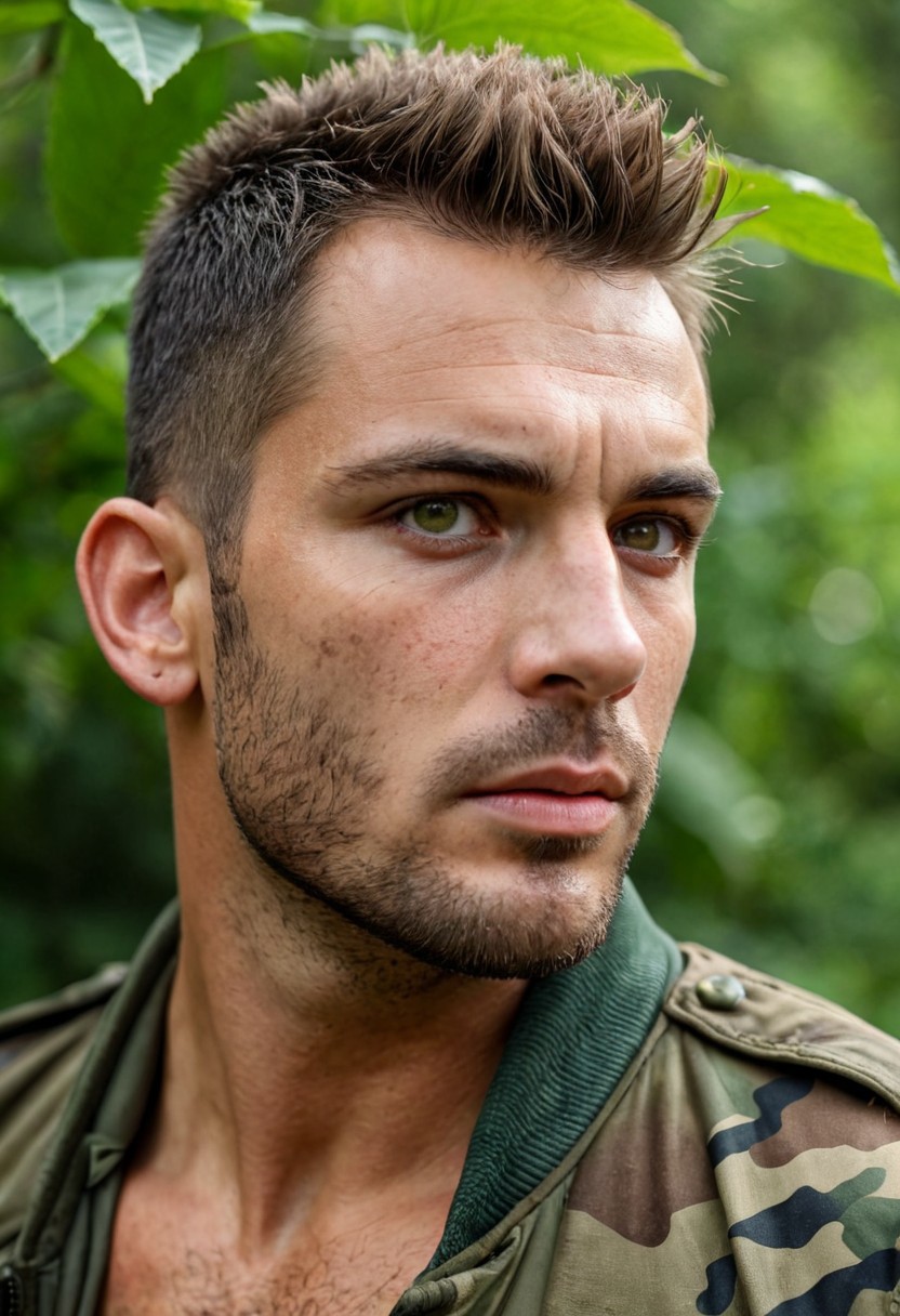 masterpiece, photorealistic, 1boy, handsome man, age 35, athletic, flak jacket, camo, stubble, mowhawk, eyepatch, RAW candid cinema, 16mm, colour graded Portra 400 film, remarkable colour, ultra realistic, textured skin, remarkable detailed pupils, realistic dull skin noise, visible skin detail, skin fuzz, dry skin, shot with cinematic camera, frown, big hazel eyes, subsurface scattering, bokeh, green foliage background