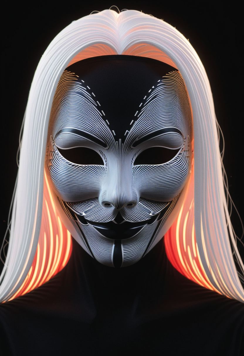 best quality, HD, 8K, hyper detailed, Bw-grignani, Closeup, backlight, An Abstract surreal n Abstract surreal colorful simple painted Guy Fawkes mask with long translucent luminous glowing White/red vibrant hair throughout the frame in Outer space, made of lines, vertical lines, horizontal lines, Portrait Made of intertwining lines, weaving over and under each other throughout the frame, emphasis effect, moire effect, awash in colorful shades, seamlessly extends the lines
deep Blacks, very detailed, atmospheric haze, Film grain, cinematic film still, shallow depth of field, highly detailed, high budget, cinemascope, moody, epic, OverallDetail, 2000s vintage RAW photo, photorealistic, candid camera, color graded cinematic, eye catchlights, atmospheric lighting, imperfections, natural, shallow dof