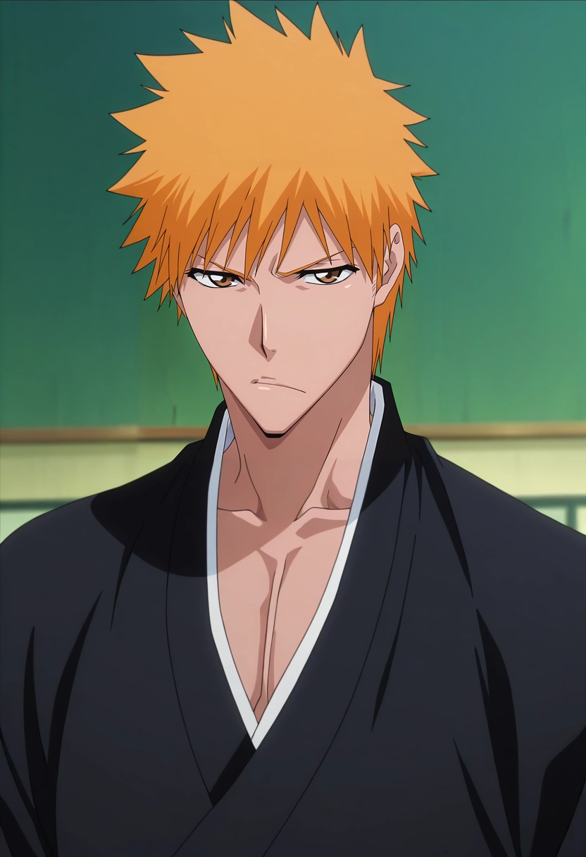 masterpiece, best quality, , anime screencap, , official style, , , 1boy, solo, male focus, <lora:ichigo_kurosaki_ilxl:1>, ichigo_kurosaki, 1boy, orange hair, brown eyes, short hair, spiked hair, japanese clothes