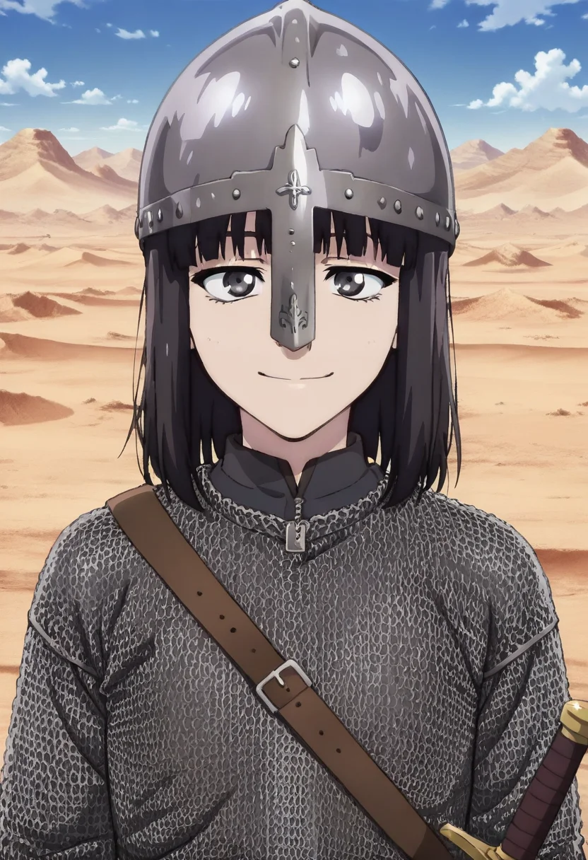 masterpiece, best quality, absurdres, detailed skin, detailed eyes, anime colored, anime screencap,
<lora:Suzushiro_Hatsuka_IL-000008:0.8>, 1 boy, fem boy, Suzushiro Hatsuka, black eyes, black hair, smile, looking at viewer,
<lora:Norman_helmet-000007:1>, chainmail, sword, sheathed, helmet, Normanhelmet,
desert,