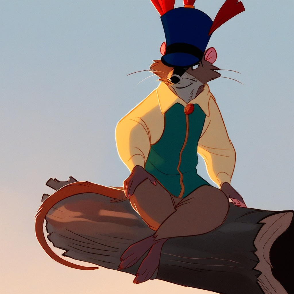 score_9, solo, justin_rat, furry, hat, shirt, tail, log, outdoors, sitting, natural lighting
