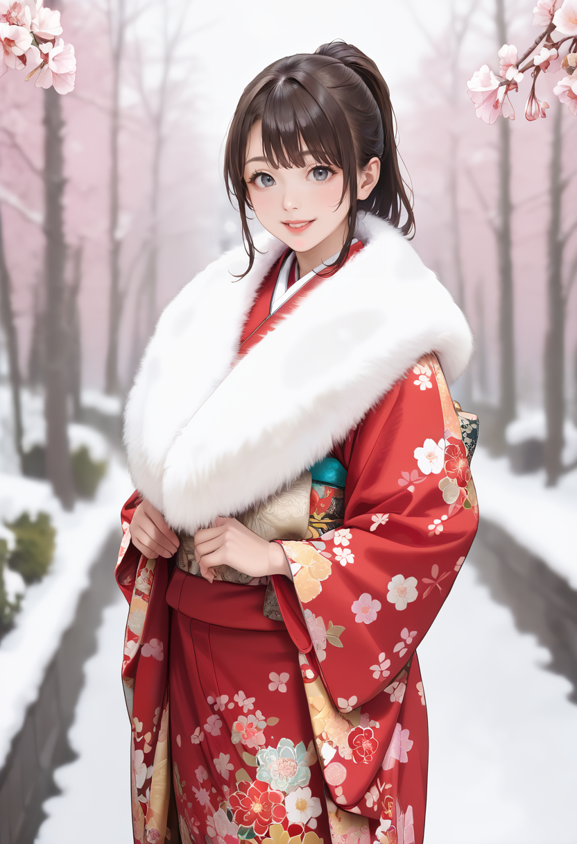 score_9, score_8_up, score_7_up,source_anime, masterpiece, best quality, perfect anatomy, very aesthetic, ((outlined outlined vector graphics)), cute face, (glow eyes:0.8), ,  looking at viewer  ,beautiful scenery,1girl,25yo, (focus female),  
20yo, brown hair, gray eyes, (large breast:1.1), (ponytail:1.1), medium hair,(curvy:1.1),bangs
, grey fur ,  red kimono, furisode, furisode-with-fur , smile ,  open eyes , clothed,winter   , flowers , floral pattern <lora:furisode-with-fur-pony-01:1>