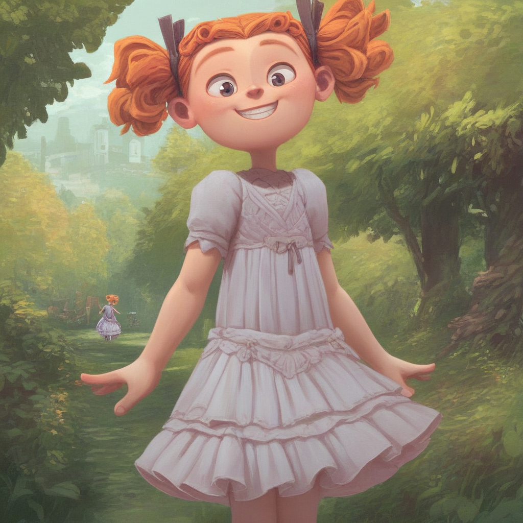 score_9, winnieportley, orange hair, twintails, dress, outdoors, smile
