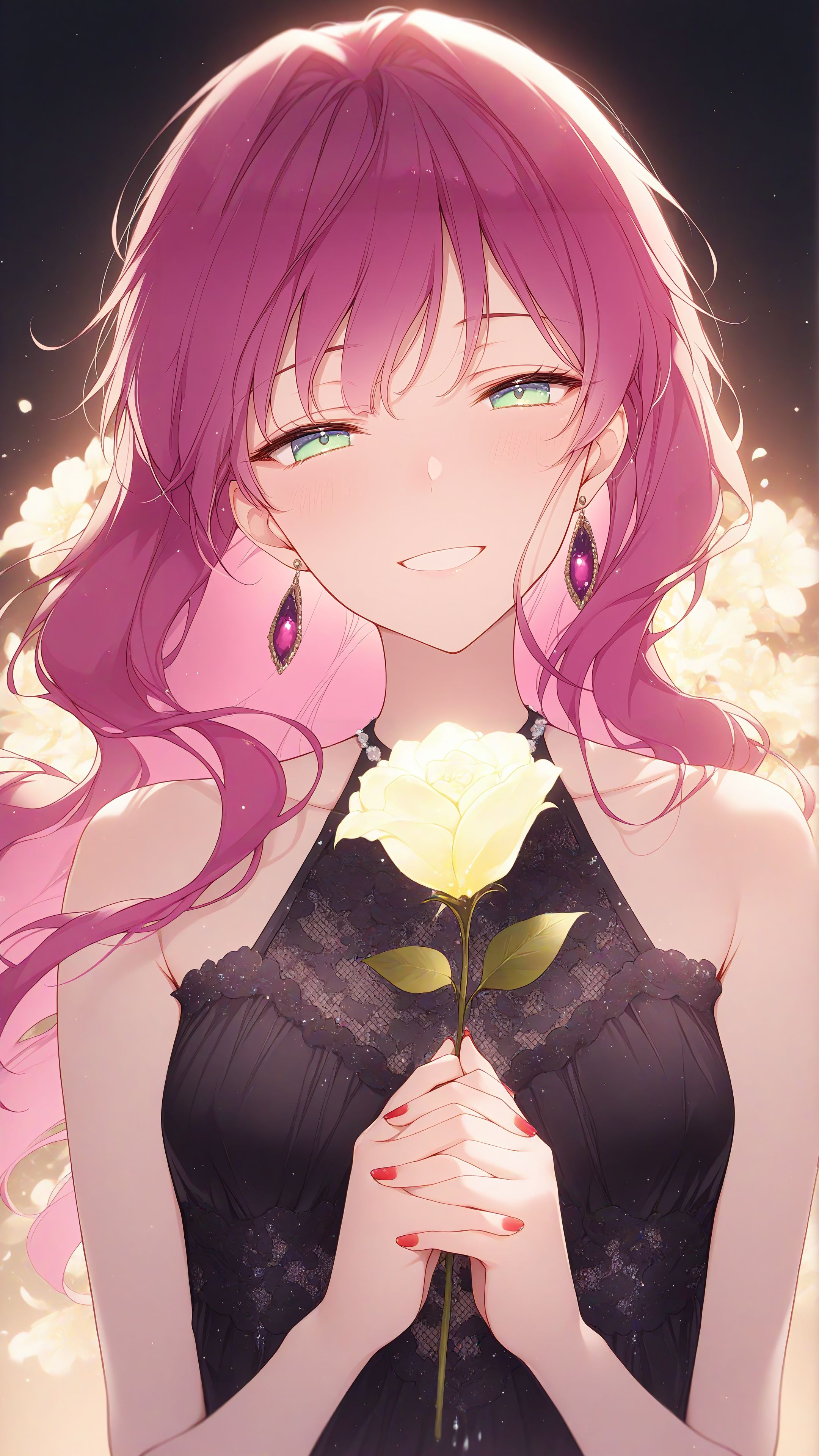 masterpiece, best quality, amazing quality, Smooth Quality, penelope eckhart, penelope eckhart, 1girl, small breasts, pink hair, green eyes, bangs, wavy hair, long hair, mature female, <lora:penelope_eckhart-illustrious-v-1:0.75>, <lora:Bright_style:0.8>, bright_illu, bangs, upper body, jewelry, black revealing clothes, looking at viewer, half-closed eyes, head tilt,  sleeveless, backlighting, gradient background, nude, collarbone,  <lora:noobai_epred_11_bioluminescence_v15:0.85> , bioluminescence, flower background, glowing flower, floating hair, bare shoulders, smile, <lora:NOOB_vp1_detailer_by_volnovik_v1:0.5>,  <lora:Add_Details_v1.2:2>, own hands clasped, hands on own chest, red nails, holding, holding rose