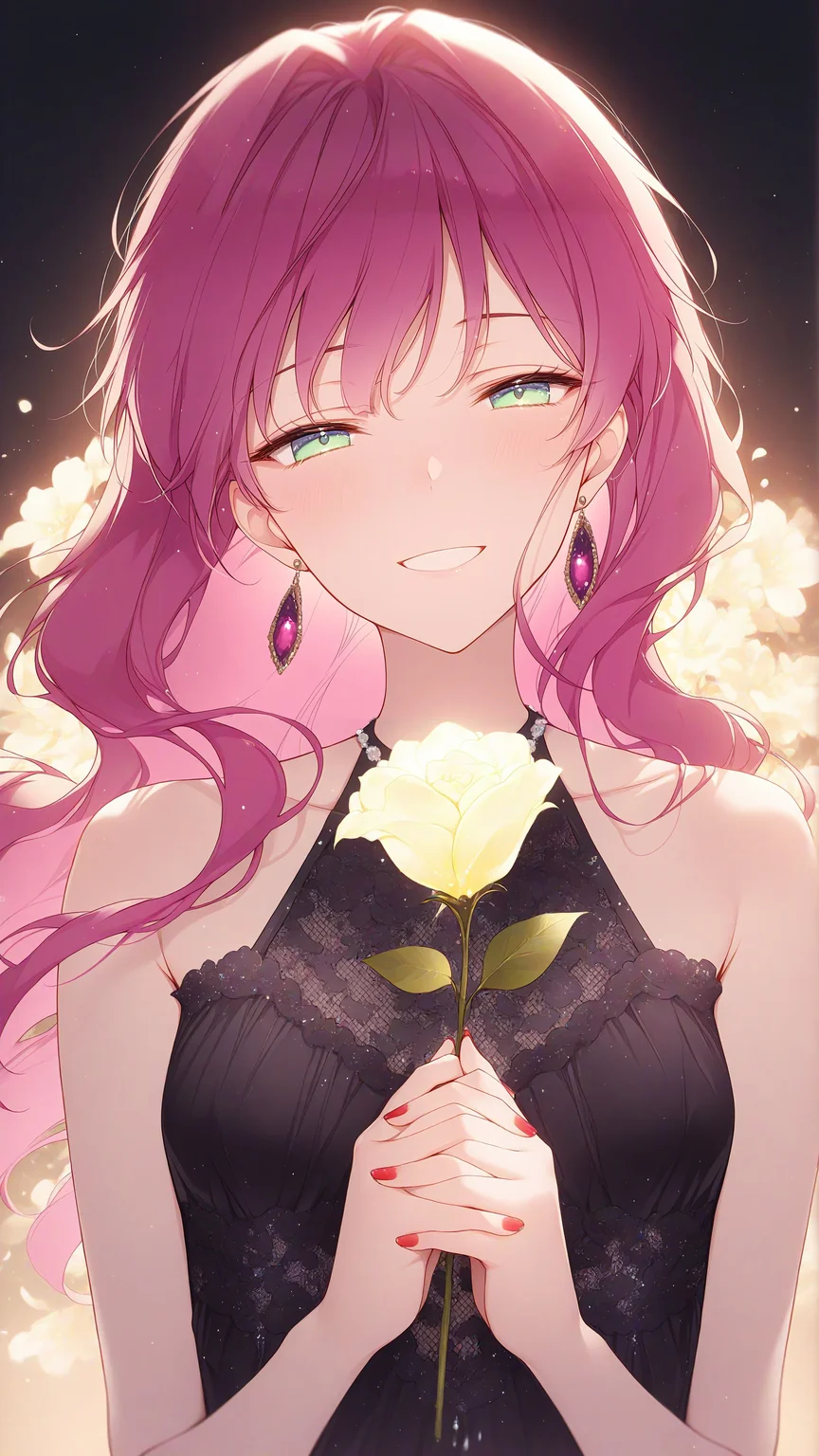 masterpiece, best quality, amazing quality, Smooth Quality, penelope eckhart, penelope eckhart, 1girl, small breasts, pink hair, green eyes, bangs, wavy hair, long hair, mature female, <lora:penelope_eckhart-illustrious-v-1:0.75>, <lora:Bright_style:0.8>, bright_illu, bangs, upper body, jewelry, black revealing clothes, looking at viewer, half-closed eyes, head tilt, sleeveless, backlighting, gradient background, nude, collarbone, <lora:noobai_epred_11_bioluminescence_v15:0.85> , bioluminescence, flower background, glowing flower, floating hair, bare shoulders, smile, <lora:NOOB_vp1_detailer_by_volnovik_v1:0.5>, <lora:Add_Details_v1.2:2>, own hands clasped, hands on own chest, red nails, holding, holding rose