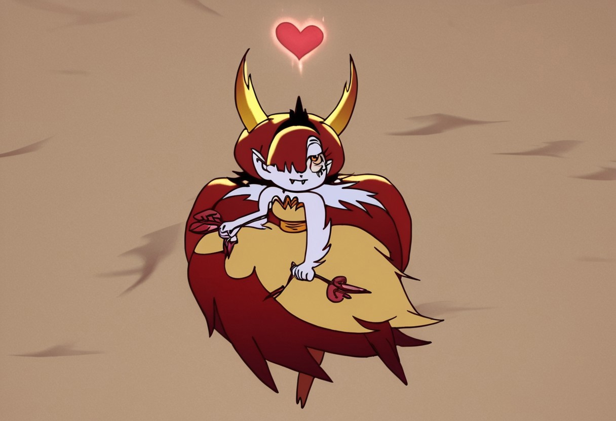 heart floating, heart-shaped pupils, aroused, heart eyes, cupid arrow, Valentine's day themed, 1girl, solo, hekapoo, red hair, horns, 1girl, pointy ears, yellow dress,boots, yellow eyes, strapless, long hair, white skin, very long hair, hair over one eye, tiara, fangs
