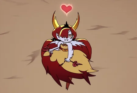 heart floating, heart-shaped pupils, aroused, heart eyes, cupid arrow, Valentine's day themed, 1girl, solo, hekapoo, red hair, horns, 1girl, pointy ears, yellow dress,boots, yellow eyes, strapless, long hair, white skin, very long hair, hair over one eye, tiara, fangs