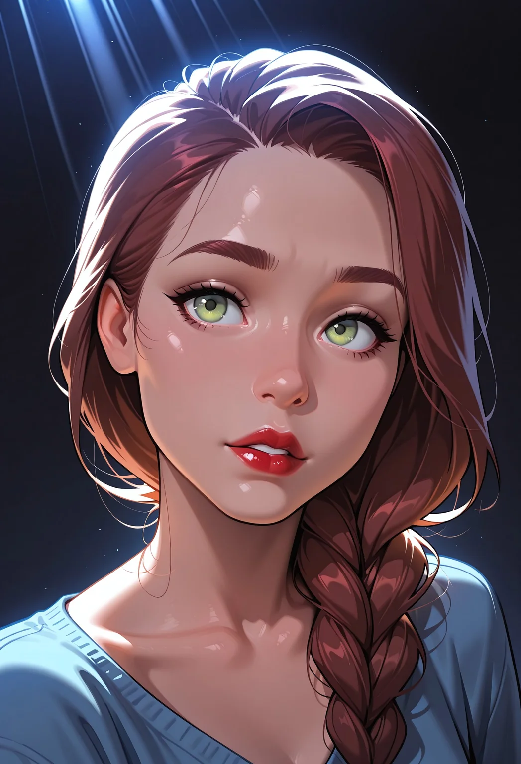 masterpiece, high_quality, highres, gradient, ultra-realistic, 32k, best quality, highly detailed, anime_source, lineless:1.2, pureerosface_v1, ng_deepnegative_v1_75t, aid291, DISNEY_ANIMATION, incoth, (incase:0.6), melkor_style, adult, colorful, Anna_Rice, (1girl, 19 yo, long hair, broan hair, long braid, braid on side, perfect hairstyle, green eyes, detailed face, red lips), Extreme close-up side profile of a woman's face, sharply detailed with cinematic depth of field volumetric lighting, cinematic lighting, dynamic lights, low key lighting, (light rays:1.2), blue theme, dark background, foreshortening,off focus,(vignetting:1.2),