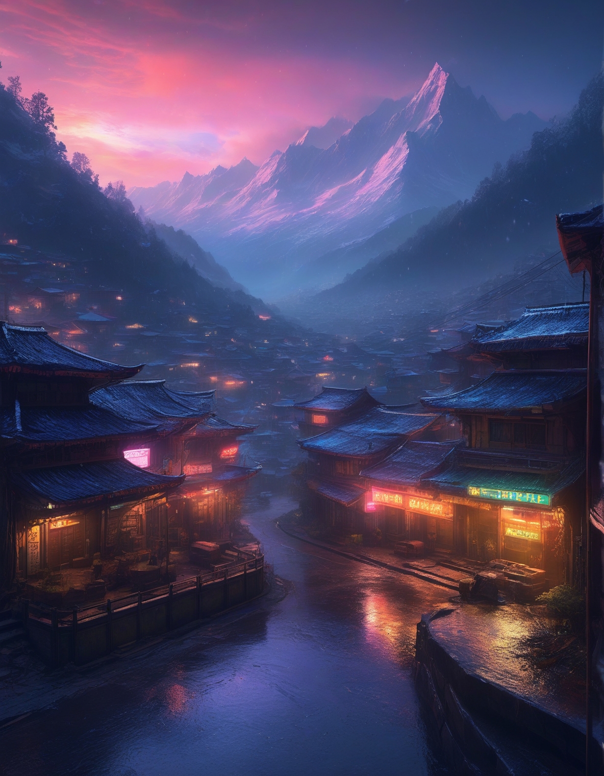 Cyberpunk: (neon lights), (rain-soaked streets), (holographic UI elements), (futuristic decay) :cite[6],
sonic geography where landscapes are sound fossils,
Himalayan valley with terraced farms,
Scattered showers Weather,
a mystical cloudscape, with swirling mists, vibrant rainbows, and an ethereal atmosphere that feels otherworldly,
Pre-dawn twilight with lingering stars,
Winter pine forests under snow,
<lora:add-detail-xl:0.7>,
<lora:DetailMaximizer:0.3>,
<lora:brho:0.15> brho,
<lora:Deep_depth_of_field:0.3>,
<lora:extremely_detailed:0.8> extremely detailed,