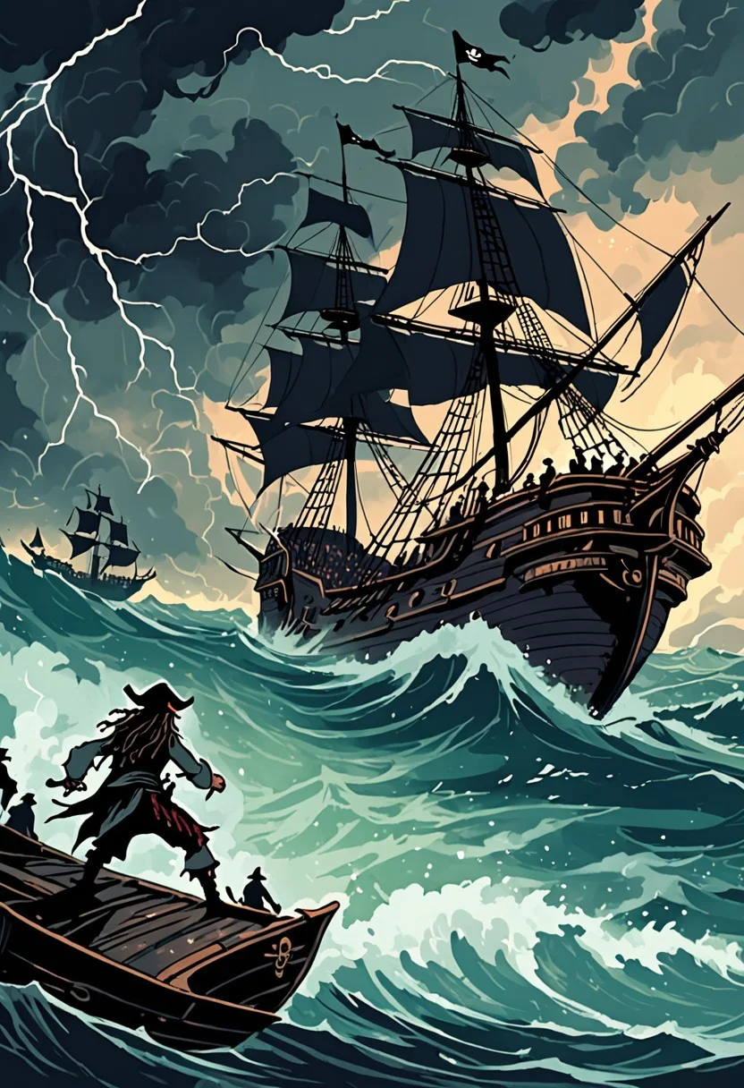 Fantasy cover for a Pirates of the Caribbean novel, pulp fantasy illustration, multiple images, no letters , no title only the image ((multiple views:1.1)) in the foreground cute portrait of Captain Jack Sparrow in the center of the image but only taking half the image, in the background ((The pirate ship the Black Pearl sailing on a stormy sea through a stormy sky in the middle, to the right side two pirates fighting, on the left side a giant octopus graving a ship)), with lightning illuminating the ghostly figures of pirates on the deck and an ((ancient city in the clouds below)) book cover illustration style, incredible full pastel colors, sfw, glitter,vignette,retro, sharp focus, wide angle lens, scenic, oil painting cromulent, OverallDetailXL <lora:BlahajXL:1>