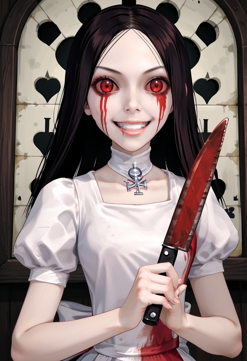 SCORE_9, SOURCE_ANIME, PORTRAIT, ALICE LIDDELL, PALE SKIN, BLACK HAIR, RED EYES, BLOODSHOT, HAUNTED HOUSE, HORROR (THEME), HOLDING KNIFE, DARK, GRIN