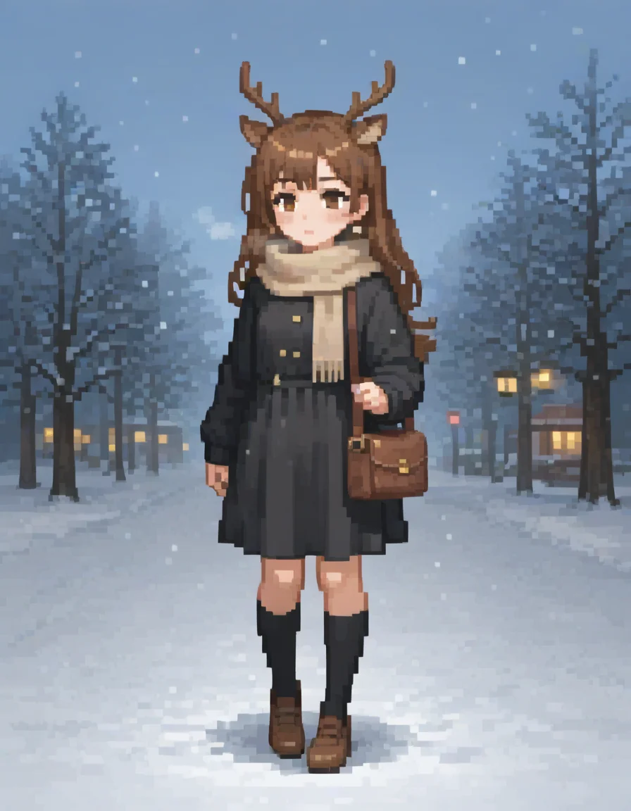 (masterpiece), (best quality), (ultra-detailed), 1girl, solo, long hair, blush, brown hair, dress, animal ears, brown eyes, jewelry, outdoors, socks, bag, scarf, black dress, tree, kneehighs, breath, snow, handbag, snowing, can, antlers, winter, bare tree, full height, illustration, disheveled hair, detailed eyes, perfect composition, moist skin, intricate details, earrings, 1girl, solo, long hair, blush, brown hair, dress, animal ears, brown eyes, jewelry, outdoors, socks, bag, scarf, black dress, tree, kneehighs, breath, snow, handbag, snowing, can, antlers, winter, bare tree, full height, moving, detailed, very beautiful, intricate, cinematic, stunning
