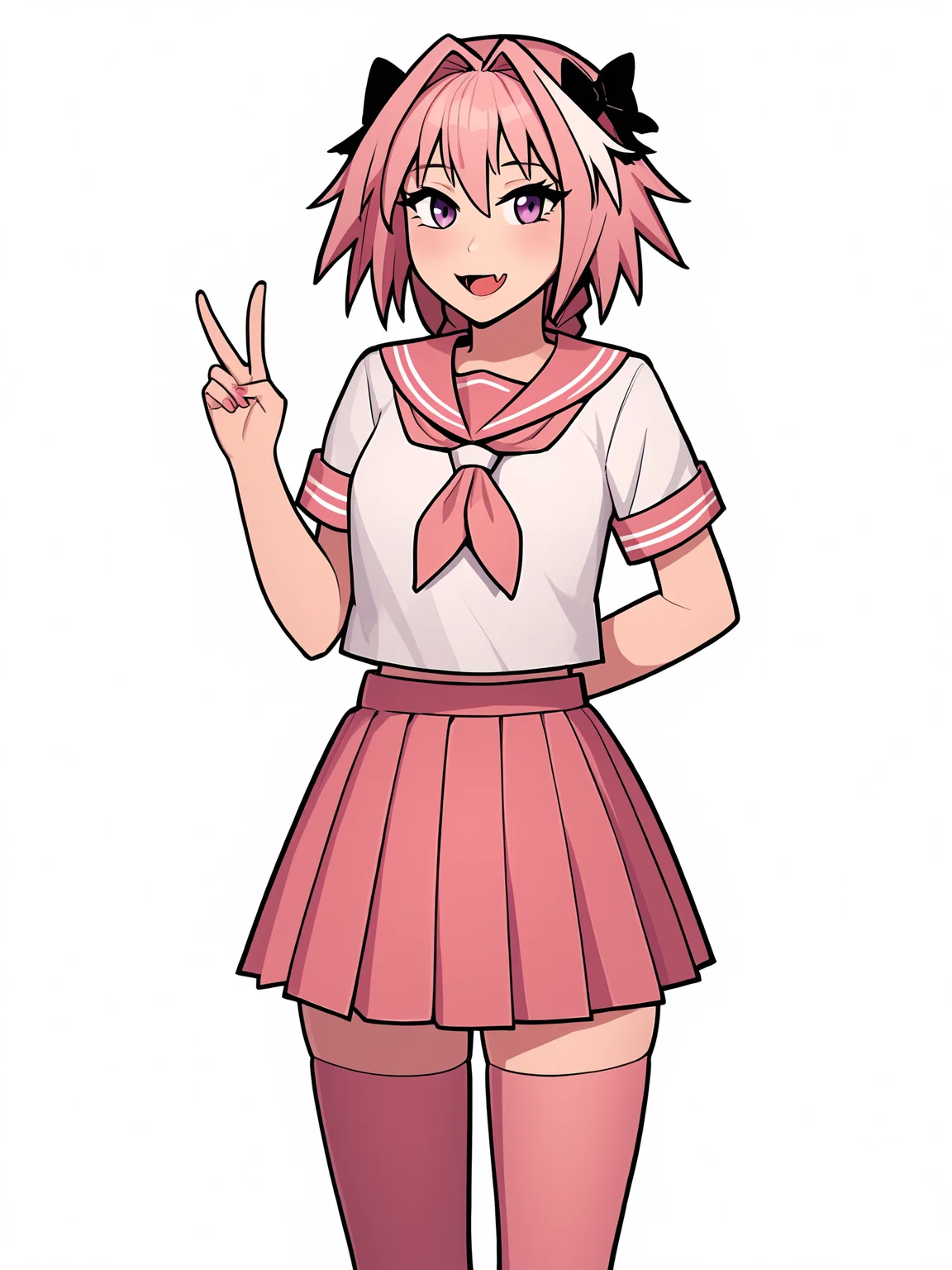 score_9, score_8_up, score_7_up, score_6_up, score_5_up, score_4_up, rating_safe
BREAK
astolfo \(fate\), otoko no ko, pink hair, braid,
BREAK
solo, standing, pink serafuku, white shirt, pink thighhighs, pink skirt, peace sign,
BREAK
white background, <lora:Lunas-MareTen-SDXL-A1:1>