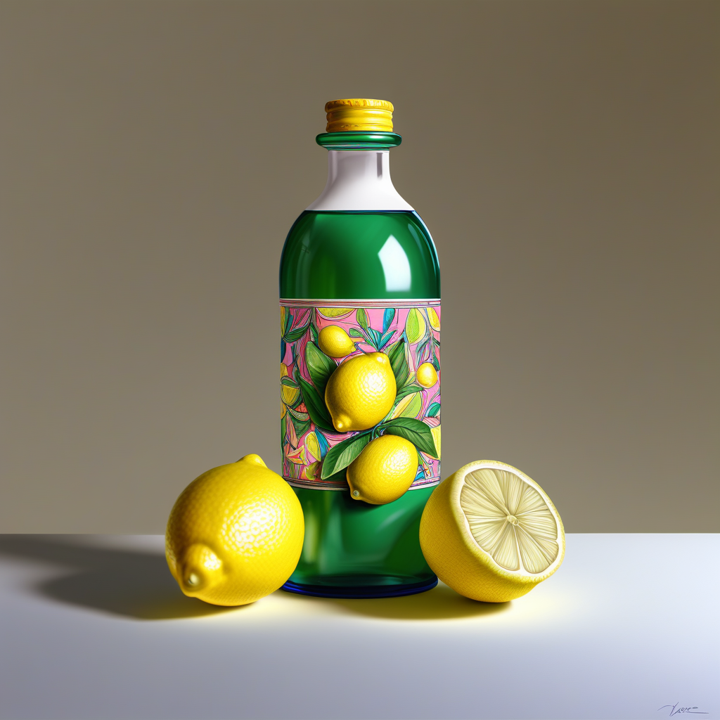 masterpiece, very aesthetic, absurdres, newest, drawing, 2balls1shaft, still life, lemons, bottle, bright, colorful