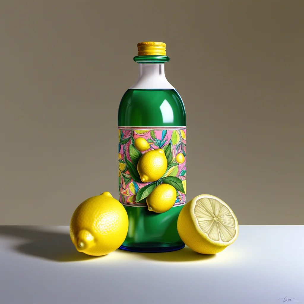 masterpiece, very aesthetic, absurdres, newest, drawing, 2balls1shaft, still life, lemons, bottle, bright, colorful