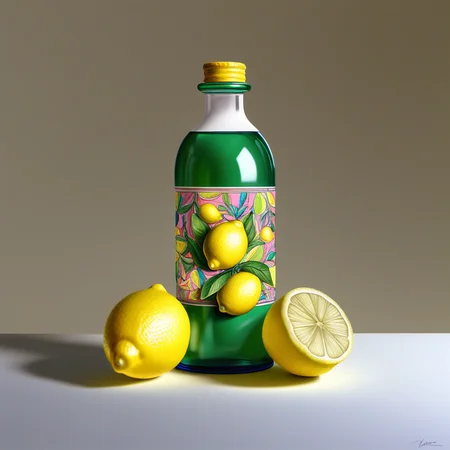 masterpiece, very aesthetic, absurdres, newest, drawing, 2balls1shaft, still life, lemons, bottle, bright, colorful