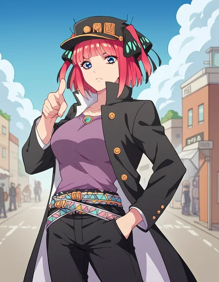 score_9, score_8_up, score_7_up, source_anime, <lora:nnakano-s2-ponyxl-lora-nochekaiser:1>, short hair, bangs, blue eyes, hair ornament, hair ribbon, pink hair, blunt bangs, two side up, butterfly hair ornament, large breasts,, <lora:kujo-jotaro-cosplay-ponyxl-lora-nochekaiser:1>, kujo jotaro cosplay, kujo jotaro (cosplay), gakuran, cosplay, belt, black headwear, black jacket, black pants, high collar, multiple belts, pants, shirt,, street, jojo pose, pointing, hand in pocket, cowboy shot, looking at viewer,