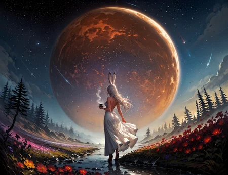 score_9, score_8_up, score_7_up, score_6_up, score_5_up, score_4_up, rating_questionable, 20yo girl, 1girl, viera, solo, tall, white dress, red trim, a woman with white hair, Brom, beautifully backlit, fantasy art, dark skin, long hair, rabbit ears, white hair, space traveler, otherworldly, ethereal, atmospheric, star sky, (cumulonimbus clouds:1.3), sweat, full body, romantic, drinking coffee, high heels, view from behind, view from below, plants, flowers
