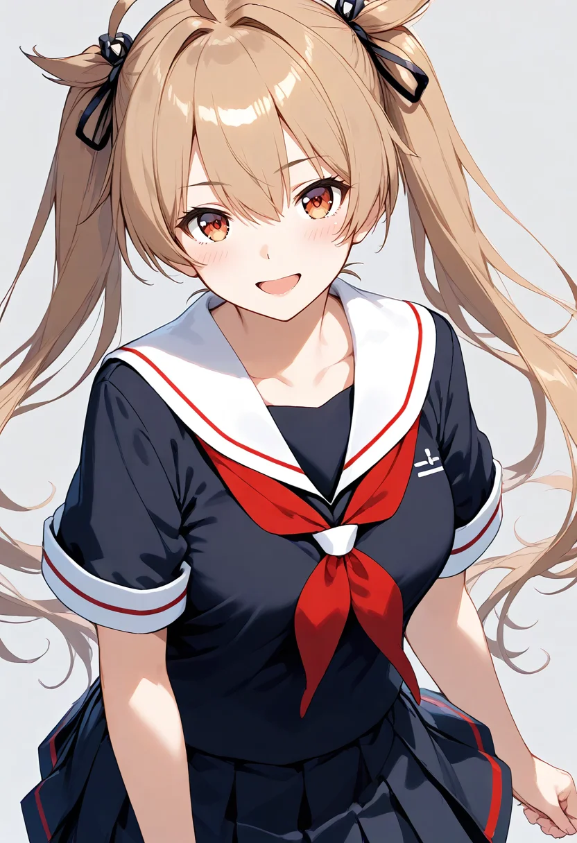 score_9, score_8_up, score_7_up, source_anime,BREAK
1girl,
<lora:Hyper-SDXL-8steps-lora:1>
<lora:age_slider_v4:1>
<lora:SDXL_murasame_p720:0.5> murasame,murasame \(kancolle\),
twintails, school uniform,
solo, black serafuku, twintails, long hair, bangs, brown hair ahoge, light brown hair, hair between eyes,
black serafuku, school uniform, skirt, red neckerchief, black skirt, pleated skirt, neckerchief, simple background, short sleeves,
closed mouth, blush, hair ribbon, sailor collar, grey background, looking at viewer, ribbon, breasts, red eyes, white sailor collar, brown eyes, black ribbon,
collarbone, cowboy shot, smile,open mouth,