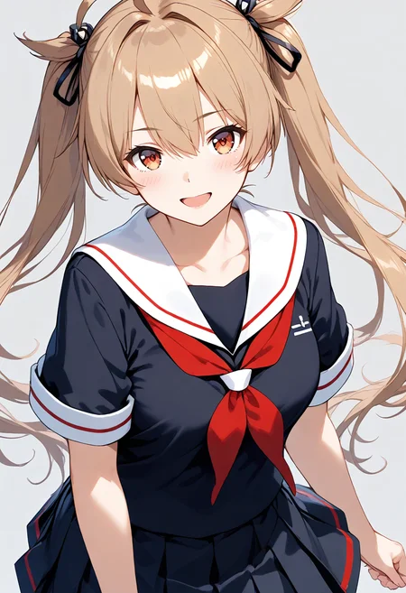 score_9, score_8_up, score_7_up, source_anime,BREAK
1girl,
<lora:Hyper-SDXL-8steps-lora:1>
<lora:age_slider_v4:1>
<lora:SDXL_murasame_p720:0.5> murasame,murasame \(kancolle\),
twintails, school uniform,
solo, black serafuku, twintails, long hair, bangs, brown hair ahoge, light brown hair, hair between eyes,
black serafuku, school uniform, skirt, red neckerchief, black skirt, pleated skirt, neckerchief, simple background, short sleeves,
closed mouth, blush, hair ribbon, sailor collar, grey background, looking at viewer, ribbon, breasts, red eyes, white sailor collar, brown eyes, black ribbon,
collarbone, cowboy shot, smile,open mouth,