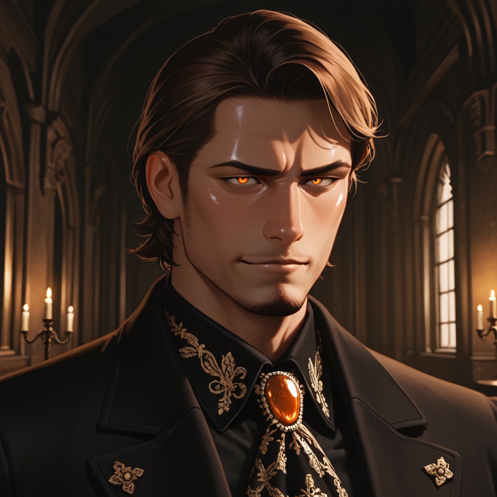 masterpiece, best quality, amazing quality, absurdres, newest, detailed background, definition so sharp, Ultra-HD, 8K cinematic, very awa, impressionate, amazing quality, highres, 
solo, male focus, manly, shadow, shiny skin,
shimonmakusu, shimon_brunette, shimon_orange eyes, 1boy, short hair, stubble, goatee, mature male, aristocrat, gloomy, regal, period_clothing, manor, dark_decor, cryptic_smile, enigmatic, distant, old_money, velvet, silver_fox, shadows, sophisticated