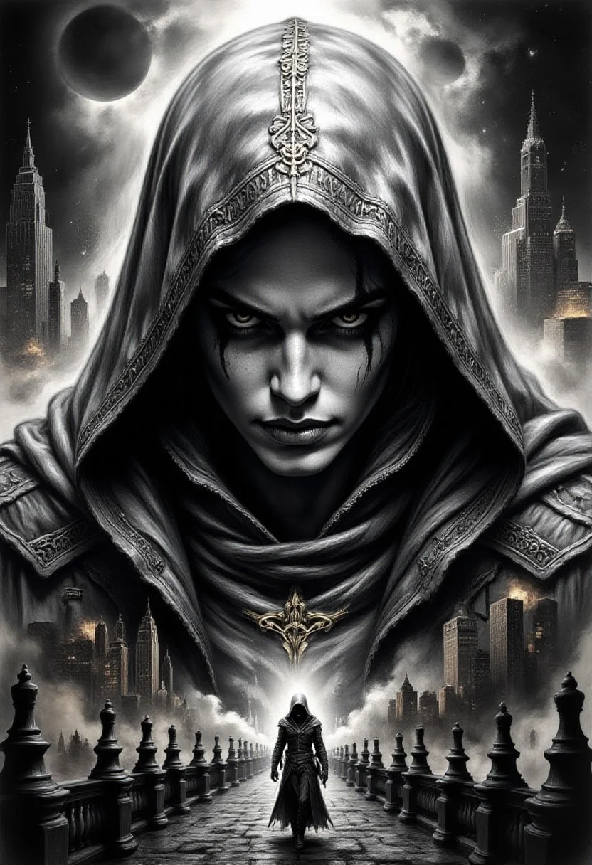 Pencil drawing, black and white, pencil strokes, black pencil shading, charcoal drawing, toned paper, pencil drawing, brutal dark b/w color scheme, gold patterns, In the dark depths of a bustling metropolis, the Spiritual Assassin comes to life. A captivating fusion of the iconic image of Eric Draven from Brandon Lee's The Crow and the Assassin's Creed character, this enigmatic figure is fueled by vengeance and justice. Their face, mysteriously hidden under a hood, unites the two heroes as one, exuding an unstoppable aura of determination and resolve. The pulsating energy of the city swirls around the Spiritual Assassin, but they are the true heartbeat of the cityscape. Their presence permeates even the darkest crevices and sends shivers down the spines of the wicked at the mere thought of retribution and justice. With extraordinary power, the Spiritual Assassin is ready to kill.