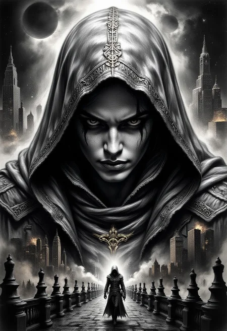 Pencil drawing, black and white, pencil strokes, black pencil shading, charcoal drawing, toned paper, pencil drawing, brutal dark b/w color scheme, gold patterns, In the dark depths of a bustling metropolis, the Spiritual Assassin comes to life. A captivating fusion of the iconic image of Eric Draven from Brandon Lee's The Crow and the Assassin's Creed character, this enigmatic figure is fueled by vengeance and justice. Their face, mysteriously hidden under a hood, unites the two heroes as one, exuding an unstoppable aura of determination and resolve. The pulsating energy of the city swirls around the Spiritual Assassin, but they are the true heartbeat of the cityscape. Their presence permeates even the darkest crevices and sends shivers down the spines of the wicked at the mere thought of retribution and justice. With extraordinary power, the Spiritual Assassin is ready to kill.