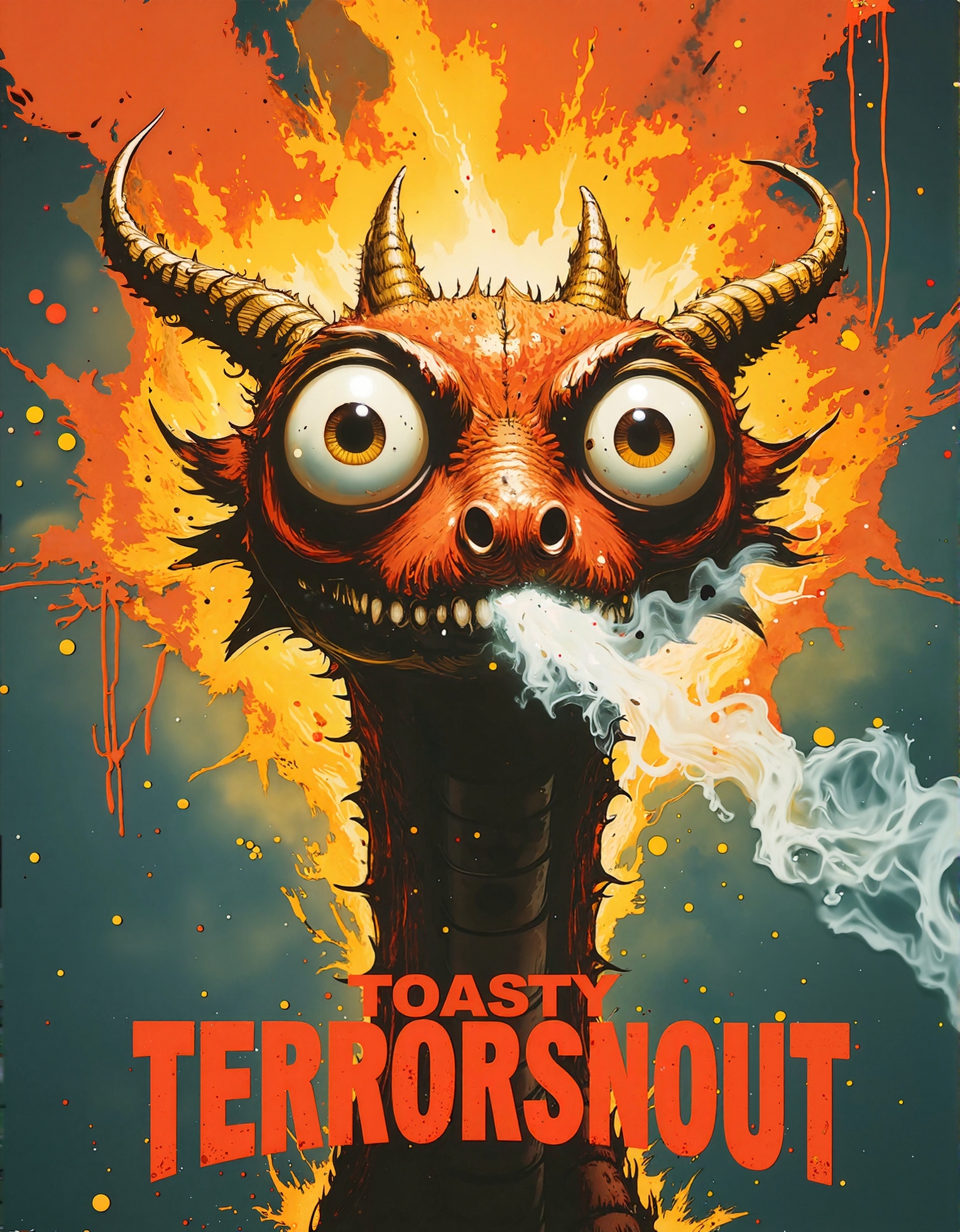 Cartoonish dragon taking a deep breath to spit fire but all that comes out of his mouth is some smoke, funny, big eyes.