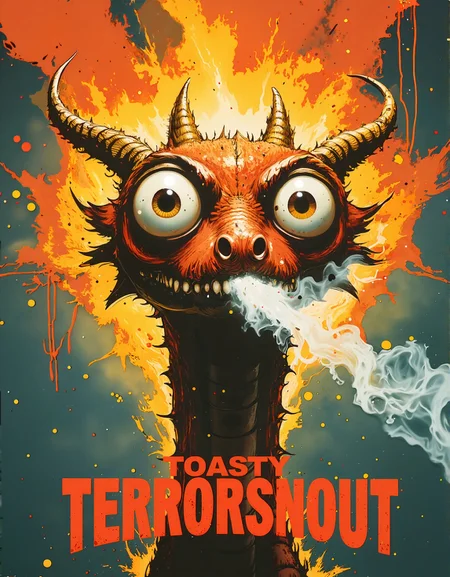Cartoonish dragon taking a deep breath to spit fire but all that comes out of his mouth is some smoke, funny, big eyes.